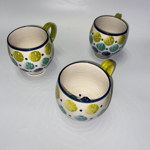 3 Anthropologie Bubble Shaped Kantha Spongeware Dots & Stripes Coffee Tea Mug - Picture 5 of 8